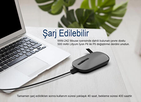 Inca IWM-242G Bluetooth 5.4 + 2.4G Kablosuz Sessiz Optik Mouse | Çift Modlu Bağlantı | 500mAh Şarjlı Batarya | 800-1600 DPI | Manyetik Kapak | Sağ-Sol El Kullanımı | El Tipi Ergonomik Tasarım | LED Göstergeli | Type-C Şarj | Windows, Mac, Android Uyu