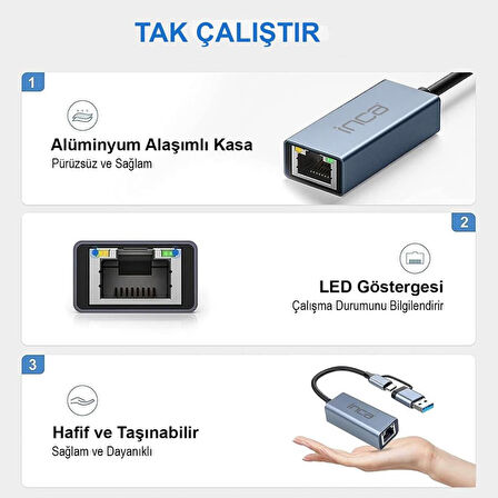 Inca IUTP-01T USB3.0 & Tip-C=>gigabit RJ45 Ethernet adaptör