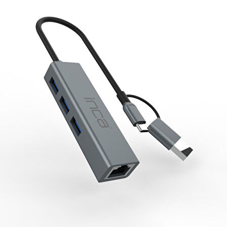 Inca IUTP-03T USB3.0+Tip-C=>Gigabit RJ45+3*USB3.0 Çevirici (Giriş:Tip-A+Tip-C=>Çıkış:Eternet+3*Tip-A