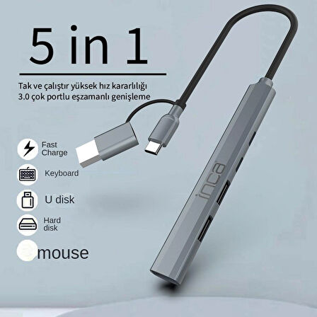 Inca IUTP-06TX USB 3.0 + 2x USB 2.0 + Type-C 3.1 Hub | 100W PD Güç | 5Gbps Hız | Alüminyum Kasa | Bilgisayar, Notebook, Tablet, Cep Telefonu Uyumlu | Tak Çalıştır