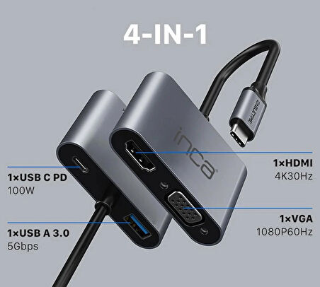 Inca ITPC-06TX Type-C HDMI 4K 30Hz + VGA + USB 3.0 + PD 100W Çoklayıcı | Type-C 3.0 Bağlantılı Cihazlar İçin | Alüminyum Kasa | Tak Çalıştır | Ev, Ofis, Konferans ve Sunum Kullanımı İçin Uygun