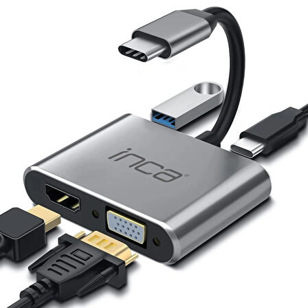 Inca ITPC-06TX Type-C HDMI 4K 30Hz + VGA + USB 3.0 + PD 100W Çoklayıcı | Type-C 3.0 Bağlantılı Cihazlar İçin | Alüminyum Kasa | Tak Çalıştır | Ev, Ofis, Konferans ve Sunum Kullanımı İçin Uygun