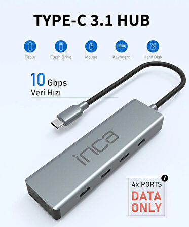 Inca ITPT-4TX Type-C HubX4 Type-C Port 3.1 10Gbps  Çoklayıcı  Aluminyum Kasa 