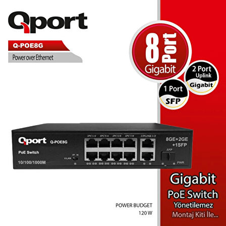 QPORT Q-POE8G 8PORT 10/100/1000 + 2 PORT 10/100/1000 UPLINK POE SWITCH
