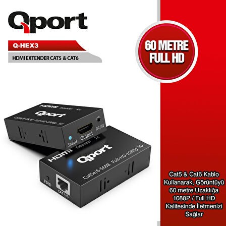 QPORT Q-HEX3 HDMI EXTENDER CAT6 60M 2 LI PAKET