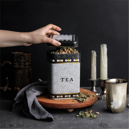 Evle Mosaic Tea Desenli Kare Metal Kutu, 10.5 x  10.5 x 16 cm, 1.7 lt