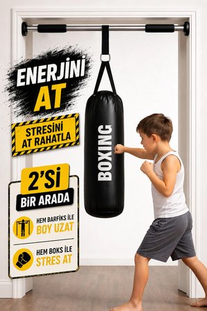 Çocuk Siyah Boks Kum Torbası Ve Barfiks Asma Demiri 53 Cm X 20 Cm