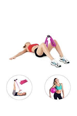 Spor Byfit Kol, Bacak, Basen Sıkılaştırıcı Alet Pembe + Denge Topu + Pilates Bandı - 3'lü Set