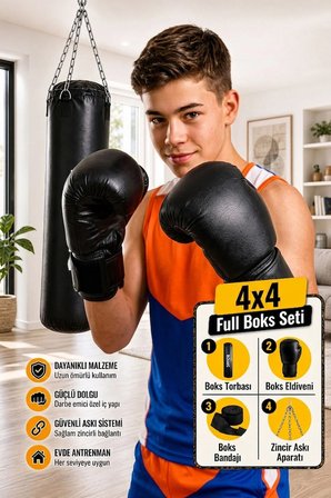 70 Cm X 25 Cm Siyah Boks Torbası + Boks Eldiveni + Boks Bandajı + Askı Aparatı - 4' Lü Set - Dolu