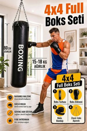 80 Cm X 30 Cm Siyah Boks Torbası + Boks Eldiveni + Boks Bandajı + Askı Aparatı - 4' Lü Set - Dolu