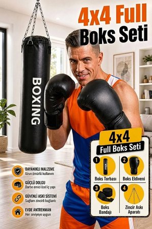 80 Cm X 30 Cm Siyah Boks Torbası + Boks Eldiveni + Boks Bandajı + Askı Aparatı - 4' Lü Set - Dolu