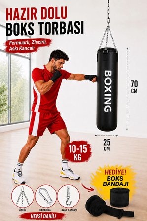 Boxing 70 Cm Gençlere Yönelik Hazır Dolu Boks Torbası ve Zinciri - Hediye Boks Bandajı