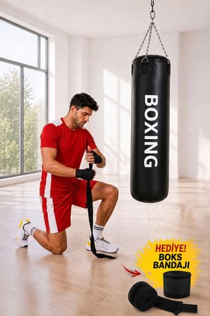 Boxing 70 Cm Gençlere Yönelik Hazır Dolu Boks Torbası ve Zinciri - Hediye Boks Bandajı