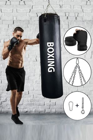Boxing 100 Cm Yetişkin İdeal Boy Hazır Dolu Boks Torbası ve Zinciri - Hediye Boks Bandajı