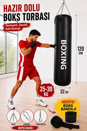 Boxing 120 Cm Büyük Boy Hazır Dolu Boks Torbası ve Zinciri - Hediye Boks Bandajı