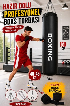 Boxing 150 Cm Salonlara Özel Hazır Dolu Boks Torbası ve Zinciri - Hediye Boks Bandajı