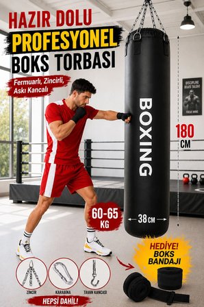 Boxing 180 Cm Salonlara Özel Hazır Dolu Boks Torbası ve Zinciri - Hediye Boks Bandajı