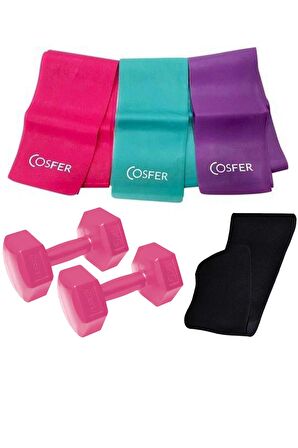 3 Lü Pilates Bandı Farklı Dirençte Plates Lastiği 120x7.5 Cm + 1KG Dambıl + Termal Bel Kemeri