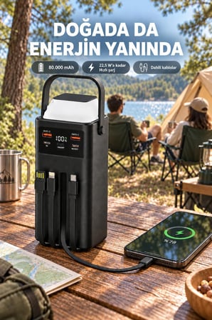 80.000 mAh Powerbank 22,5W Hızlı Şarj Dahili Kablolu USB-C Lightning Dijital Göstergeli Taşınabilir Şarj Cihazı