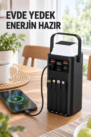 80.000 mAh Powerbank 22,5W Hızlı Şarj Dahili Kablolu USB-C Lightning Dijital Göstergeli Taşınabilir Şarj Cihazı