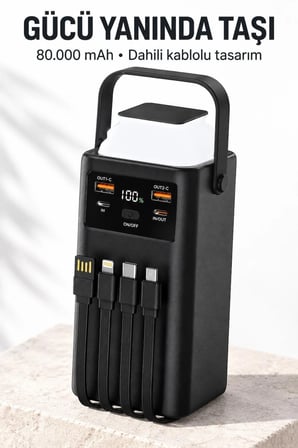 80.000 mAh Powerbank 22,5W Hızlı Şarj Dahili Kablolu USB-C Lightning Dijital Göstergeli Taşınabilir Şarj Cihazı