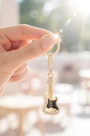 Sheforshe Lisanslı Müzik Temalı Gitar Tasarımlı Taşlı Anahtarlık – Altın Renkli Metal Çanta Aksesuarı