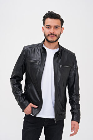 Basics&More Erkek Fermuar Detaylı Hakiki Deri Ceket - SRY27