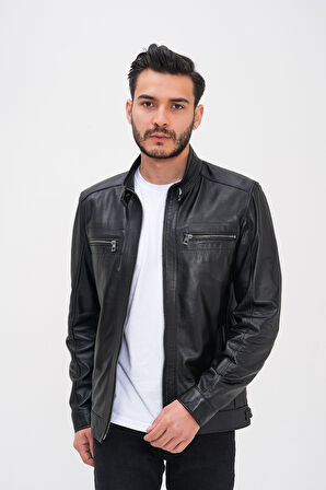 Basics&More Erkek Fermuar Detaylı Hakiki Deri Ceket - SRY27