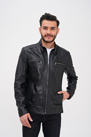 Basics&More Erkek Fermuar Detaylı Hakiki Deri Ceket - SRY27