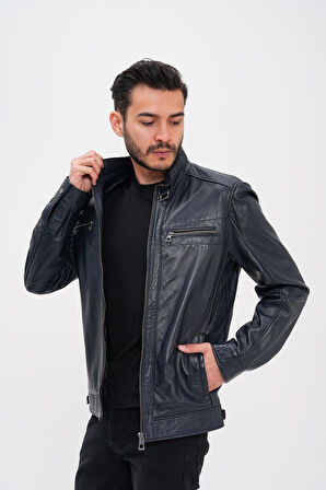 Basics&More Erkek Fermuar Detaylı Hakiki Deri Ceket - SRY27
