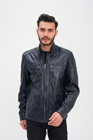 Basics&More Erkek Fermuar Detaylı Hakiki Deri Ceket - SRY27