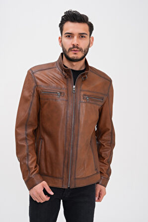 Basics&More Erkek Fermuar Detaylı Hakiki Deri Ceket - SRY27