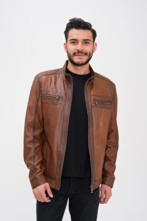 Basics&More Erkek Fermuar Detaylı Hakiki Deri Ceket - SRY27