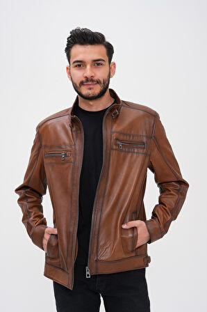 Basics&More Erkek Fermuar Detaylı Hakiki Deri Ceket - SRY27
