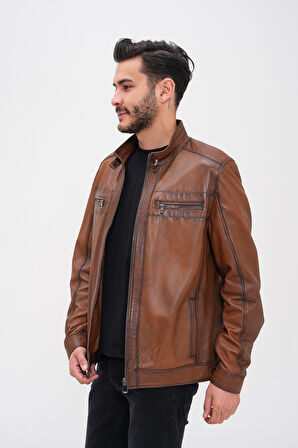 Basics&More Erkek Fermuar Detaylı Hakiki Deri Ceket - SRY27
