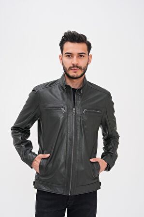 Basics&More Erkek Fermuar Detaylı Hakiki Deri Ceket - SRY27