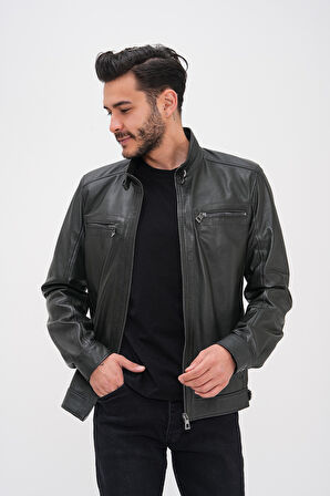 Basics&More Erkek Fermuar Detaylı Hakiki Deri Ceket - SRY27