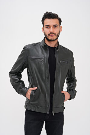 Basics&More Erkek Fermuar Detaylı Hakiki Deri Ceket - SRY27