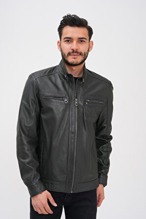 Basics&More Erkek Fermuar Detaylı Hakiki Deri Ceket - SRY27