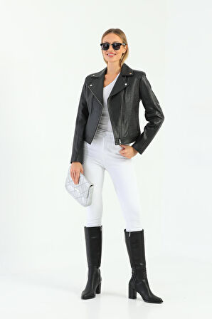 Basics&More Kadın Motorcu Siyah Deri Ceket - WBIKER