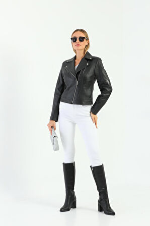 Basics&More Kadın Motorcu Siyah Deri Ceket - WBIKER