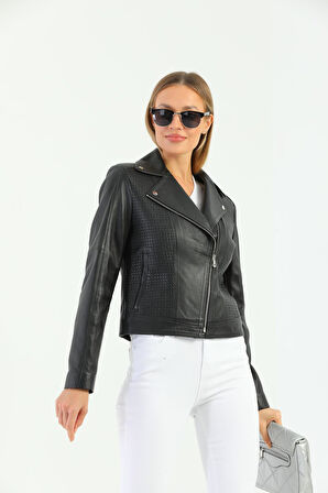 Basics&More Kadın Motorcu Siyah Deri Ceket - WBIKER