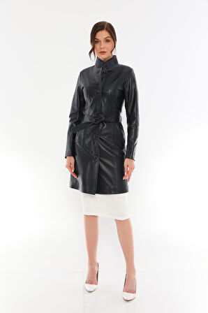 Basics&More Kadın Kuşaklı Düğmeli Deri Ceket - B3034