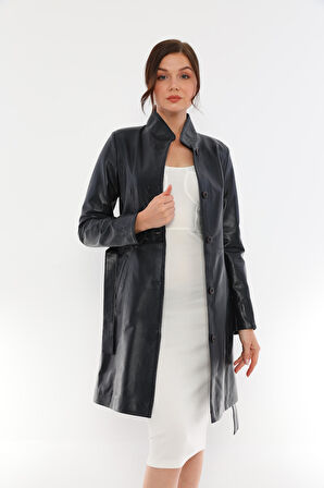 Basics&More Kadın Kuşaklı Düğmeli Deri Ceket - B3034
