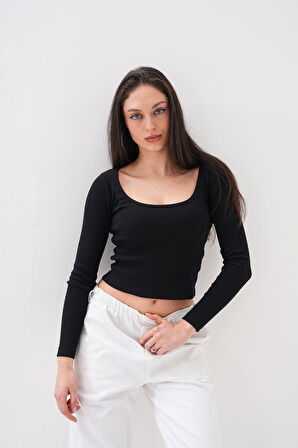 Basics&More Siyah-Beyaz-Haki 3'lü Paket Kare Yaka Uzun Kol Örme Bluz-2503