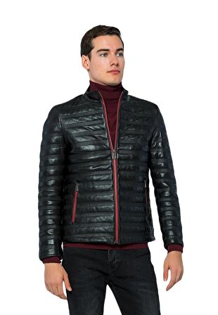 Basics&More Erkek Dik Yaka Hakiki Deri Ceket - UZ01