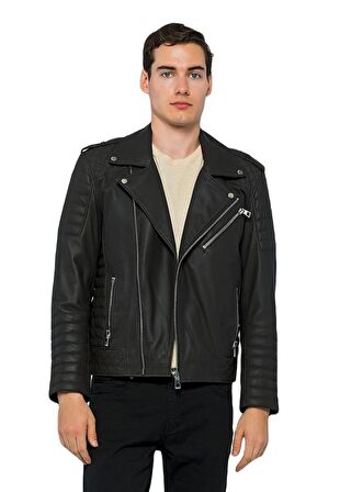Basics&More Erkek Motorcu Hakiki Deri Ceket - 6735