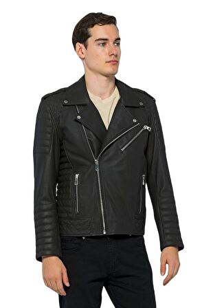 Basics&More Erkek Motorcu Hakiki Deri Ceket - 6735