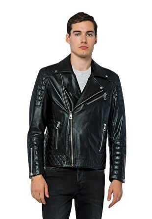 Basics&More Erkek Motorcu Hakiki Deri Ceket - 6735