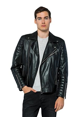 Basics&More Erkek Motorcu Hakiki Deri Ceket - 6735